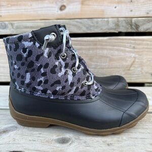 Sperry Syren Gulf Rain Boots Waterproof Rubber Grey Cheetah Muck Garden Spring